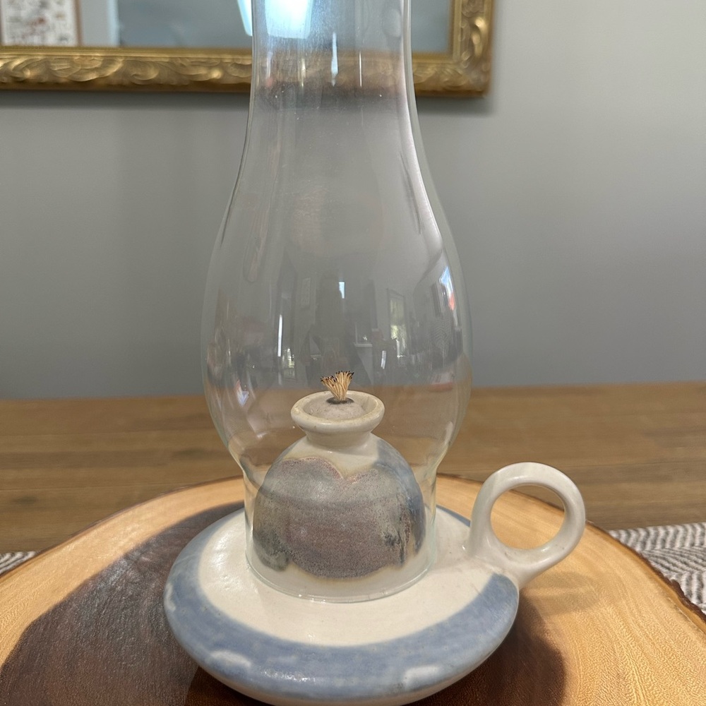 Vintage Kravec Studios Blue Art Ceramic Oil Lamp with Glass Chimney